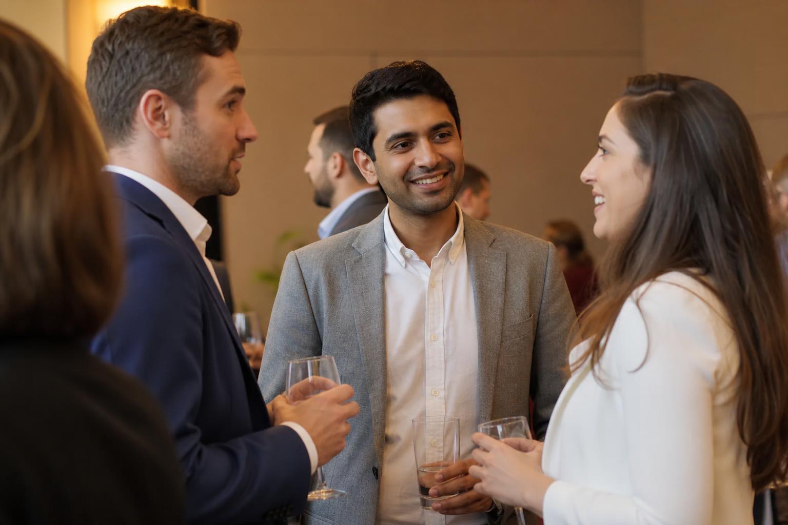 Professionals in business attire talking at a cocktail reception